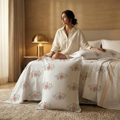Image of Urban Space Serene 100% Cotton Bedsheet for Double Bed, Floral Queen Size Bed Sheet with 2 Pillow Covers (88 x 100 Inches, Vintage Rose Buttercream)