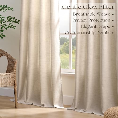 Image of 90 Inch Length 2 Panels Oatmeal Beige Linen Sheer Curtains 52x90 | Light Filtering, Semi Sheer, Grommet Drapes, Thick Linen, Privacy, Boho, Farmhouse, Window Curtain, for Bedroom
