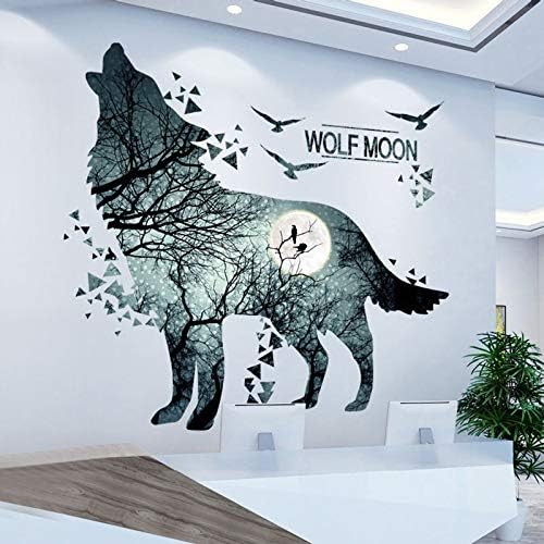 Removable Ink Moon Wolf Wall Decor Creative Blue Galaxy Wolf Room Wall Sticker Easy Peel & Stick Home Decor Murals for Kids Teen Girls Bedroom Nursery Ceiling Living Room