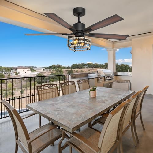 Image of Consciot Boho Ceiling Fans with Lights Remote 52 Inch, Farmhouse Caged Ceiling Fan, 5 Double Finish Wood Blades, Reversible DC Motor, Rustic Ceiling Fan for Living Rooms, Bedrooms, Porch, Boho Decor