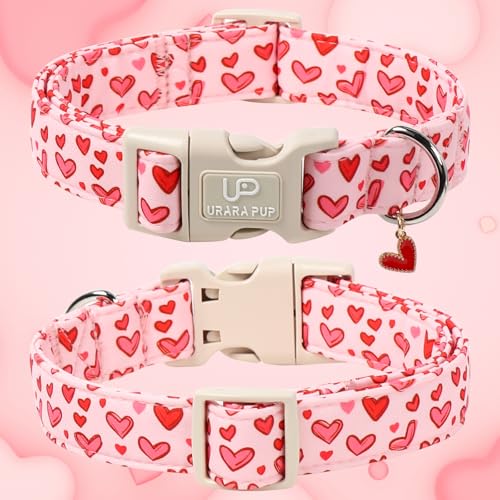 Image of Valentine's Dog Collar, UP URARA PUP Pink Heart in Red Adjustable Pet Collar with Bowknot Charm, Wedding Dog Accessories for Small Medium Large Dogs
