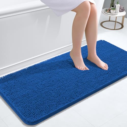 Image of OLANLY Bathroom Runner Rugs 47x20, Soft Absorbent Chenille Bath Rugs, Rubber Backing Quick Dry, Machine Washable Long Bath Mats for Bathroom, Tub and Shower, Home Decor Accessories, Deep Navy Blue