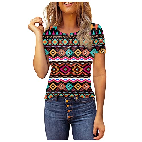Womens Summer Tops,Spring Round Neck Geometric Short Sleeve Shirts Button Down Ethnic Print Elegant T Shirts Party Elegant Clothes Fashion Tops For Women Mom Shirt Workout Tops Wel Wine #TOP1