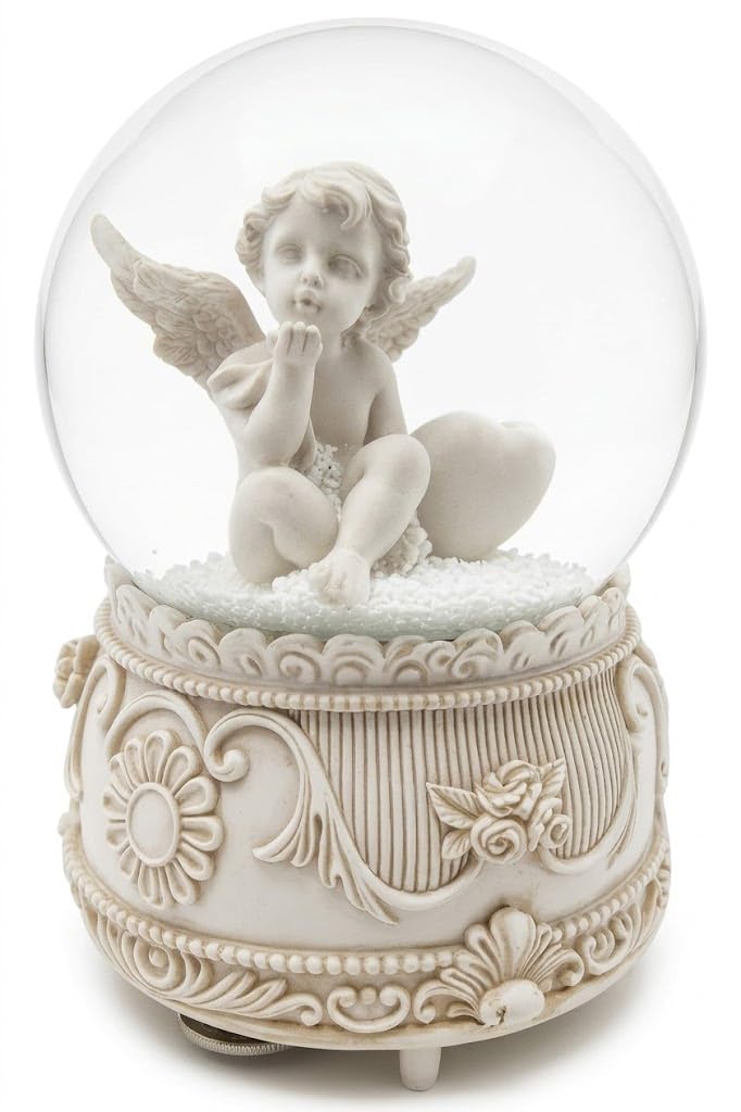 Angelic Musical - Palla di neve da 100 mm, funzionamento a batteria con intricata statuetta di angelo, richiede 3 batterie AAA (non incluse) (design A)