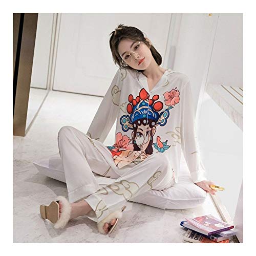 Damenpyjama, Frühling und Herbst Pyjama Frauen Ei Seide mit Langen Ärmeln Hosen kann nach Hause Service abgenutzter außerhalb seines im Retro-Stil Anzug (Color : White, Size : M) Cover