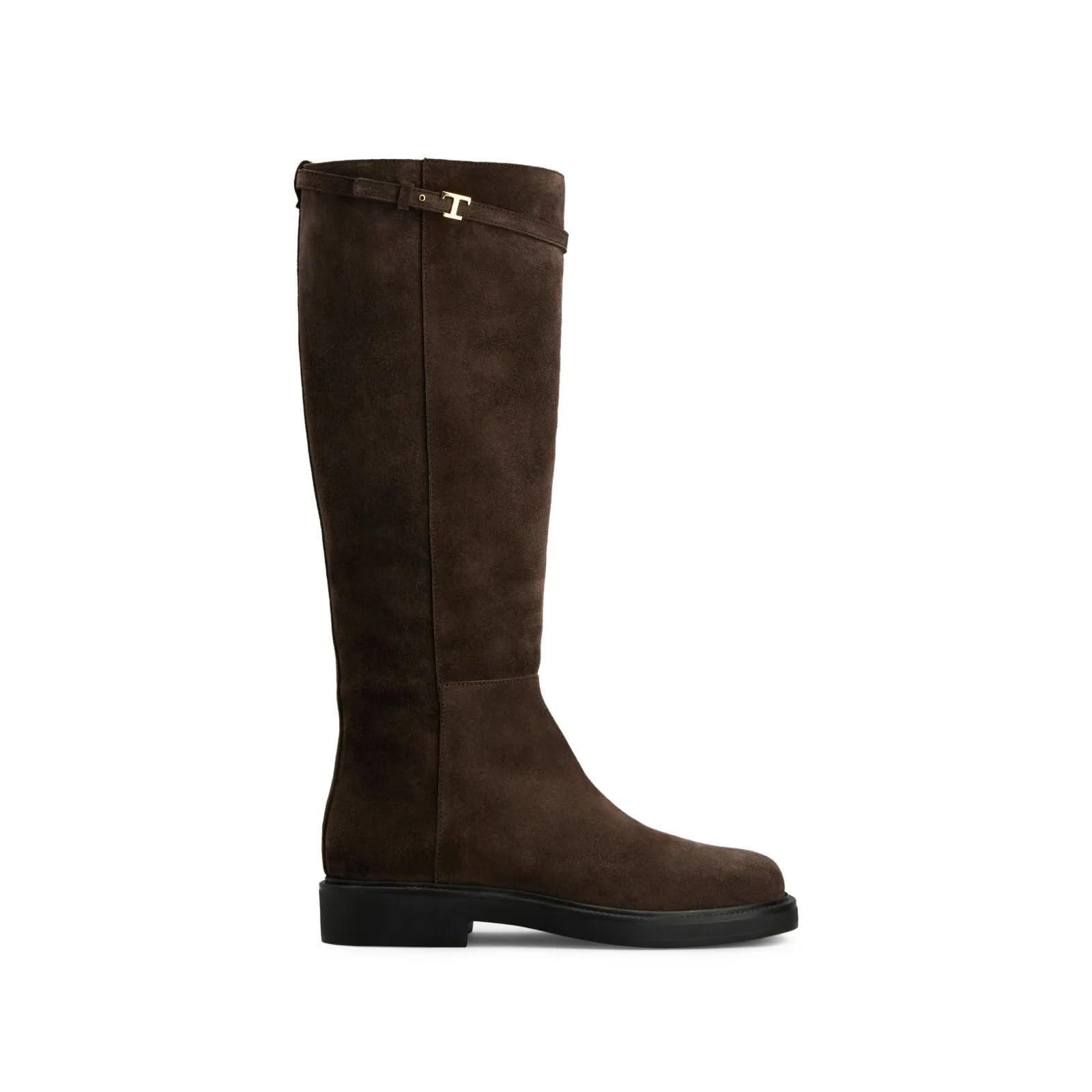 Womens Suede Knee High Boots with Gold - T Buckle Flat Heel Round Toe Elegant Casual Dressy Tall