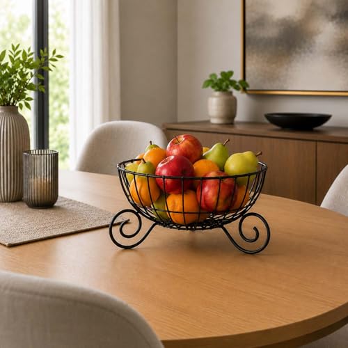 Image of Go Hooked Metal Fruit & Vegetables Basket 23cm | Modern Decorative Wire Fruit Bowl with Scroll Base | Multipurpose Storage Basket for Fruits, Vegetables, Bread, Snacks & Tabletop Display
