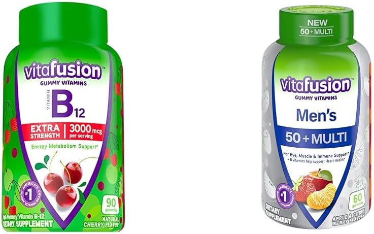 Vitafusion Extra Strength Vitamin B12 Gummy Vitamins for Energy Metabolism Support, Cherry Flavored, 90 Count Men's 50+ Multi Daily Support Supplement 60 Count