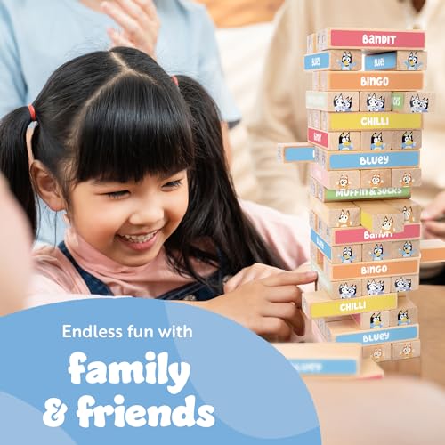 Image of Bluey Tumbling Tower Game, 54 Illustrated Wooden Blocks, Ages 3+