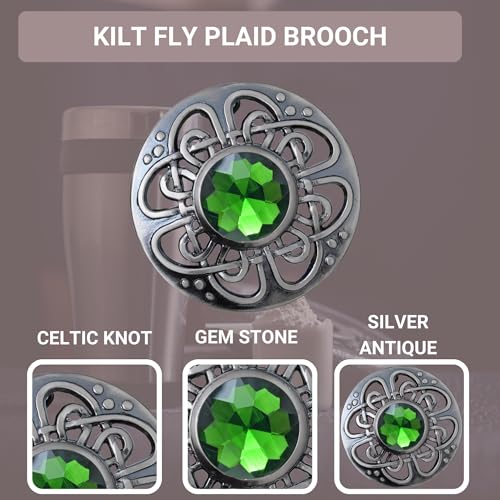 Image of Elegant Culloden Plaid Brooch - Scottish Kilt Fly Plaid Brooch Intricate Celtic Knot in Pewter with Gemstone 3-Inch Diameter - Ideal for Scottish Kilts & Formal Wear