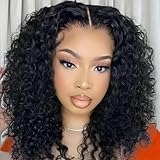 SOEZ 14 Inch Bob Wig Human Hair 200% Density 13x4 HD Deep Wave Lace Front Wigs Human Hair Natural Black Short Curly Bob Wig Water Wave Human Hair Wig Glueless Wet Wavy Wig for Women Pre Plucked