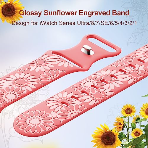 Image of Sunflower Engraved Band Compatible with Apple Watch Bands 38mm 40mm 41mm 42mm 44mm 45mm 49mm Women, Designer Soft Glossy Floral Silicone Strap for iWatch Series Ultra 11 10 9 8 7 6 SE 5 4 3 2 1