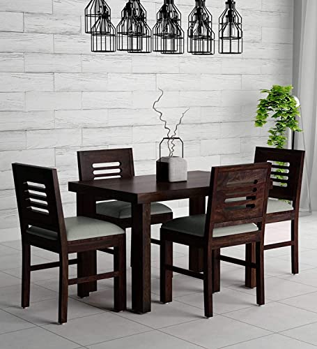 Image of Solid Sheesham Wood 4 Seater Dining Table with Cushioned Chair Sets for Dining Room Rectangular CNC Dinner Table Set for Living Room Home - (Warm Chestnut Finish) |