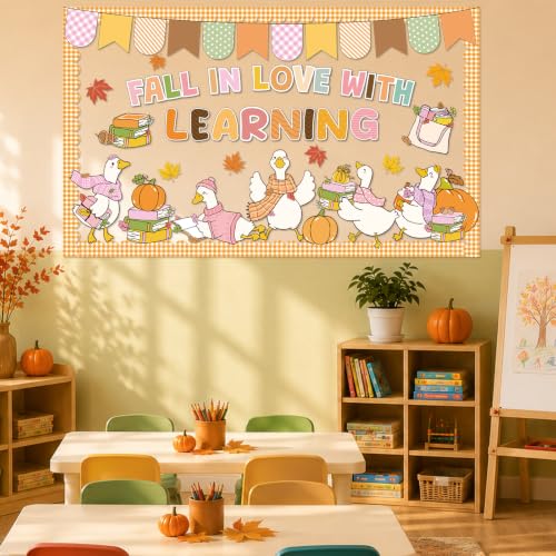 56Pcs Silly Goose Fall Classroom Decorations Fall in Love with Learning Bulletin Board Set Autumn Maple Leaves Pumpkin Books Cutouts for Thanksgiving Autumn School Office Home Chalkboard Wall Decor - Image 4