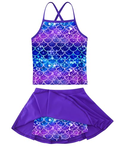 Image of Girls Tankini Swimsuit Mermaid Bathing Suits Criss-Cross Strap Adjustable Summer Beach Two Piece Swimwear Size 4-12