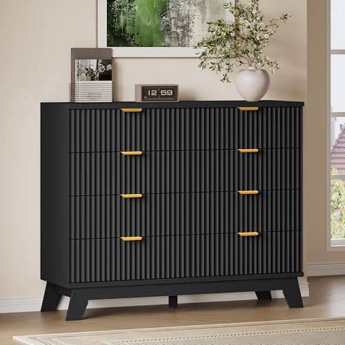 Image of BORNOON Fluted 8 Drawer Tall Dresser, 47.2 inch Wide Modern Boho Chest of Drawers, Wooden Storage Dresser TV Stand for Bedroom, Living Room, Closet, Hallway, Curved Profile Design