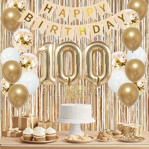 Image of Trgowaul 100th Birthday Decorations for Women, Banner, Sash and Crown, Cake Topper, 100 Number Balloon, Fringe Curtains, Champagne Gold 100th Birthday Party Supplies