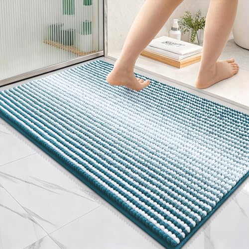 Image of OLANLY Bathroom Rugs 36x24, Extra Soft Absorbent Chenille Striped Bath Rugs, Rubber Backing, Machine Wash Dry, Bath Mats for Bathroom Floor, Tub and Shower, Home Decor Accessories, Peacock Blue
