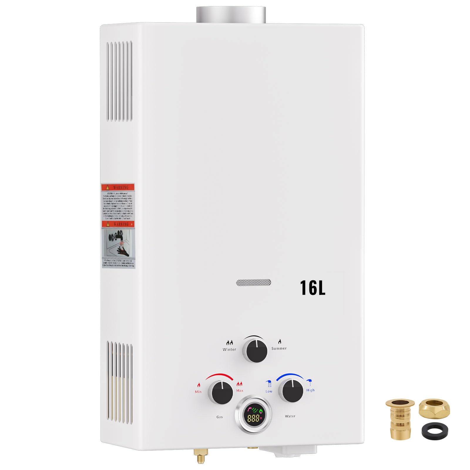 Scaldabagno a Gas GPL 16L Istantaneo Portatile da Esterno Senza Serbatoio, Montaggio a Parete. Modalità inverno/estate, Display Digitale, Molteplici Dispositivi di Sicurezza, Classe Energetica A