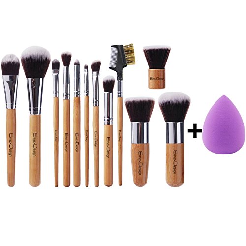 beauty blender 4 piece - EmaxDesign 12+1 Pieces Makeup Brush Set, 12 Pieces Professional Bamboo Handle Foundation Blending Blush Eye Face Liquid Powder Cream Cosmetics Brushes & 1 Piece purple Beauty Sponge Blender