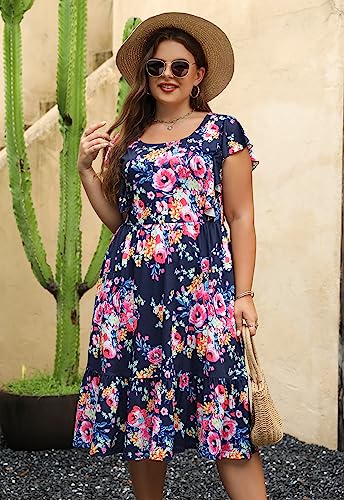 Image of Keluummi Plus Size Women 2023 Summer Casual Cute Boho Floral Flutter Sleeve Tiered Midi Dress with Pocket
