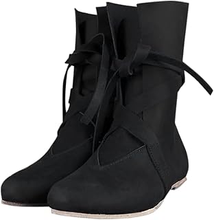 Womens Medieval Boots Non Slip Viking Leather Boots Renaissance Cosplay Festival Shoes Faux Leather Mid Calf Lace Up Shoes Vintage Stage Pirate Boot Suede Mid-Calf Shoe
