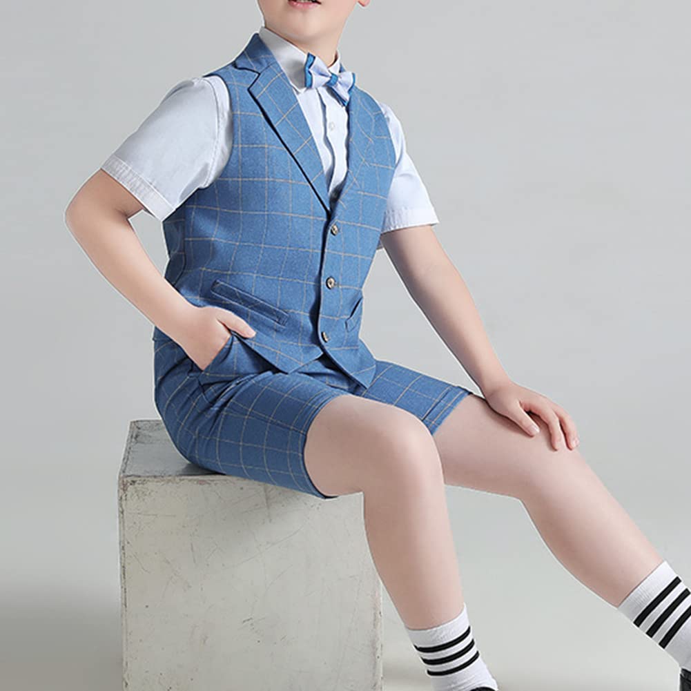 Traje Corto de Boda para Niños,Conjunto de Chaleco de Traje Azul a Cuadros para Bebé Niño Talla Grande Chicos Graduación Trajes Elegante Fiesta Bautizo Ceremonia Traje Formal de Caballero