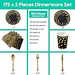 Black and Gold Party Supplies - 350 PCS Disposable Dinnerware Set - Black Paper Plates Napkins Cups, Gold Plastic Forks Knives Spoon for Halloween, Graduation, Birthday, Cocktail Party - Image 2