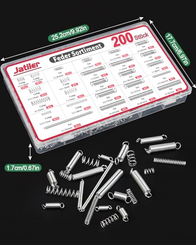JatilEr 200 Stück Feder Zugfedern Sortiment, 20 Größen Federn Metall Spannfeder Spiralfedern Edelstahl Druckfedern Sortiment mit Box Sprungfeder Set Kit für Werkzeuge, Geräte, Handwerkzeuge, Auto