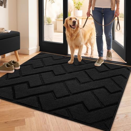 Image of hicorfe Front Door Mat Outside Entrance,32 inchx40 inch Absorbent Muddy Dirt Resist Welcome Door Mats Outdoor Indoor,Stain and Fade Resistant,Non Slip Backing Entry Mat Doormat for Entryway(Black)