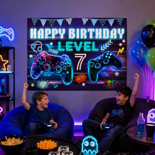 Video Inspired Game Birthday Backdrop Level 7 Happy 7th Birthday Party Banner Background 7th Boys Video Party Game Decorations Party Supplies 5×3ft (Blue 7) by WNPCCNP - Image 3