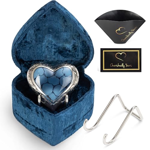 Small Heart Shaped Keepsake Cremation Urns for Human Ashes - Mini Blue Brass Urn with Velvet Heart Box and Stand - Holds Small Portion of Male or Female Human or Pet Ashes