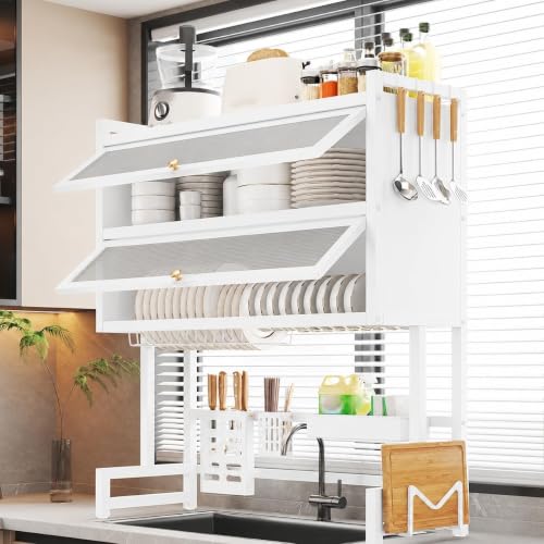 Image of YAGVIZ Sink Dish Drying Rack with Flip Cover Door, Kitchen Double Layer Multifunctional Countertop Organizer, Dustproof Space-Saving Drain Shelf with Dishwasher /Tableware Storage