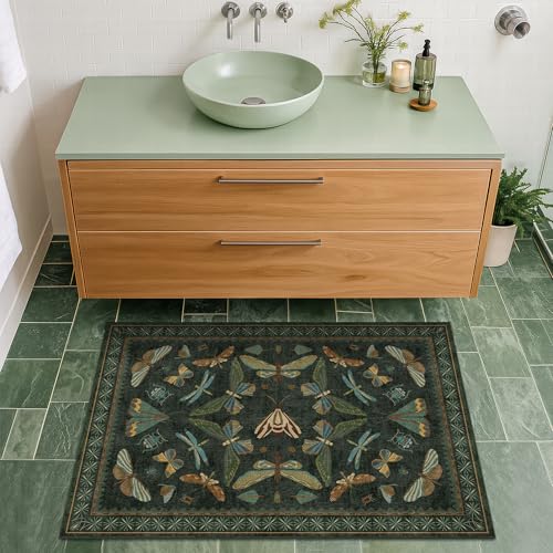 Image of Hazo Haus 2x3 Entry Way Rugs Indoor - Dark Green Small Throw Rug for Kitchen, Bathroom, Insect Boho Design, Washable Non Slip Stain Resistant