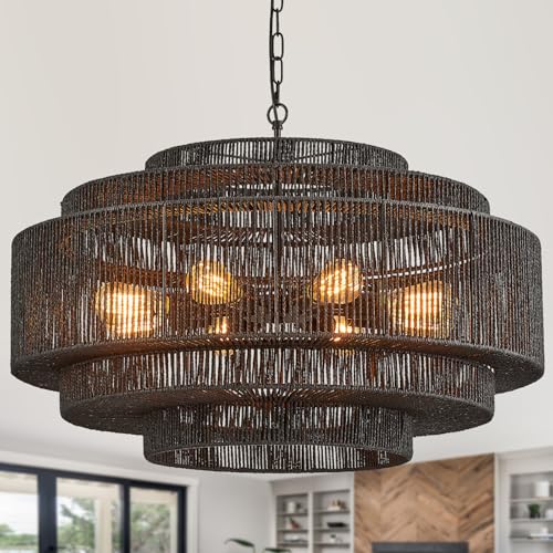 Large Rattan Chandelier with 8 Lights for Home