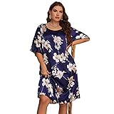 Chemise de Nuit Grande Taille en Satin de Soie pour Femme Manches Longues Imprimé Floral Chemise de Nuit Douce Et Décontractée Vêtements de Nuit Bleu Marine 5XL