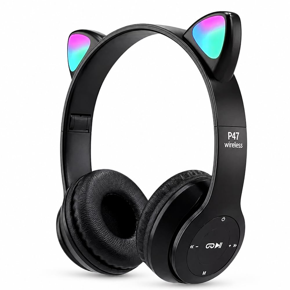 Fone de Ouvido Bluetooth Infantil Gatinho Orelhas de Gato Luzes LED RGB Sem Fio + Entrada
