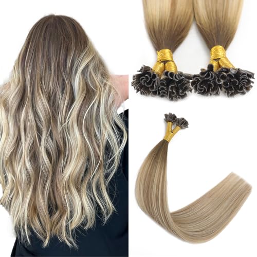 Sindra U Tip Extensions 14 Inch 40 Grams 50 Strands Balayage Ombre Walnut Brown to Ash Brown and Blonde Real Human Hair Extensions Nail U Tip Hair #3/8/22 14inch