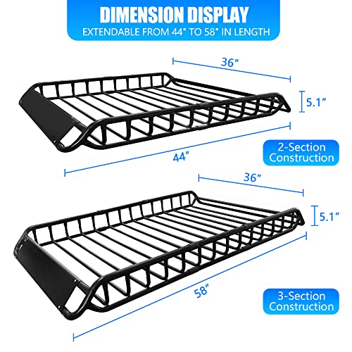 Kairay Roof Rack Basket 58"(L) X 36"(W) X 5.1"(H) Extendable Universal Black Rooftop Cargo Carrier Car Top Luggage Carrier For Truck Cars Suv With Cargo Net And Ratchet Straps #TOP1