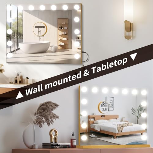 Image of Vanity Mirror with Lights Lighted Makeup Mirror with Dimmable LED Bulbs,3 Color Lighting Modes,USB Charging Port Touch Control,Sturdy Metal Frame Design (Gold, 22.8 * 18.9inch)