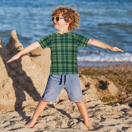 ALAZA Kids Rash Guard Boys Toddler Swim Shirts Short Sleeve Check Plaid Green 2 UPF 50+ 3T4