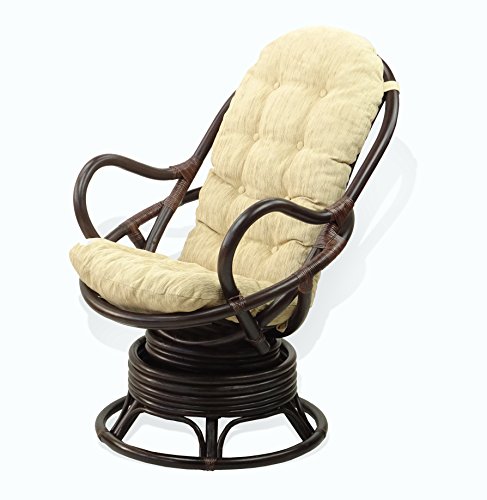 Wickerix Java Lounge Swivel Rocking Chair With Cream Cushion Natural Rattan Wicker Handmade, Dark Brown #TOP3