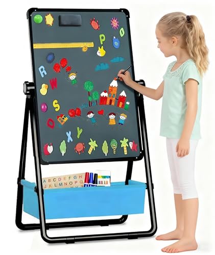 Kids Art Easel Double-Sided Foldable Drawing Board 29.5-44in(74-112cm) Height Adjustable Standing Easel 360° Rotatable Whiteboard Chalkboard with Letters Numbers for Boys Girls Toddlers