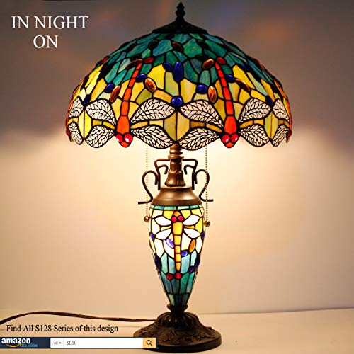 Werfactory Tiffany Table Lamp Sea Blue Yellow Stained Glass Dragonfly Mather-Daughter Vase Table Lamp 16X16X24 Inches Desk Light Decor Bedroom Living Room Home Office S128 Series #TOP3
