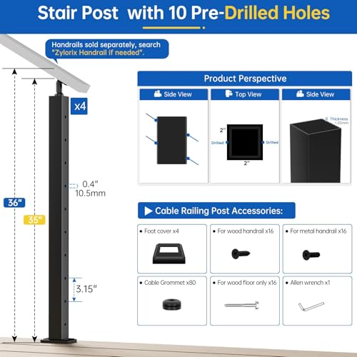 Image of 4Pack 36 inch Swageless Modular Stair Cable Railing Post Fit 28-38 Degree Stairway, Stainless Steel T304 Black Coated Surface Mount 33 Angle Drilled Post for Cable Railing System Indoor Outdoor