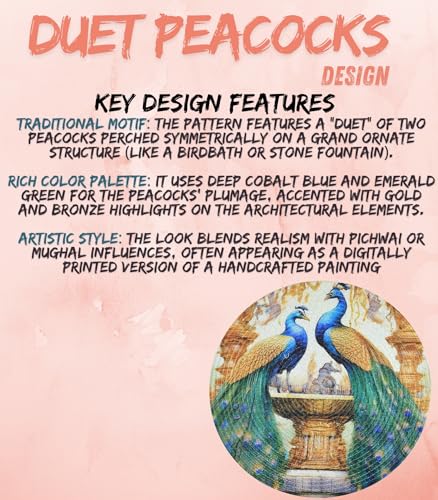 Image of LaVichitra Cotton Table Placemat | Dining Table Mat | Bed Side Table Mat | Cotton Round Shape Placemats | Washable PlaceMat for Shelves & Plant Pots - Pack of 1, Duet Peacocks