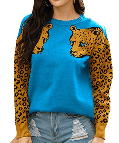 Cresay Women's Leopard Long Sleeve Sweater Crewneck Knitted Tops Pullover