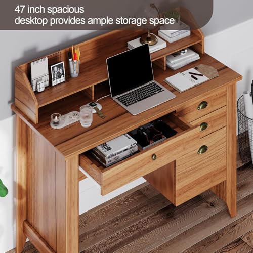 4 EVER WINNER Home Office Desk with Drawers, 47\'\' Computer Desk with Monitor Stand, Wooden Executive Desk with Drawers, Study Desk for Small Spaces, Walnut
