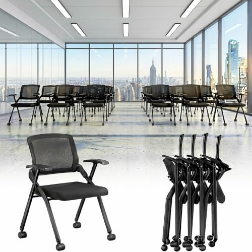 Image of 2 Pack Folding Office Chair on Wheels, Heavy Duty Conference Room Chair | Nesting Rolling Training Chairs, Lumbar Support, Mesh back, Padded Seat, Meeting, Commercial Guest Reception, Classroom