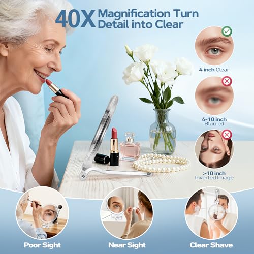 B Beauty Planet 40X Magnifying Mirror for Travel with Handle, Double-Sided 1X/40X Magnification Hand Mirror for Makeup,Travel Mirror for Desk 5 Inches 9 ounces